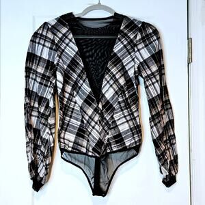 Only Hearts Frankie Plaid Flannel Sheer Mesh Thong Bodysuit Size S